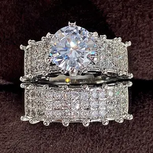 Double-layered Sparkling Women's Ring Set High-end Zirconium White Luxury Wedding Ring Evening Bride Accessory
