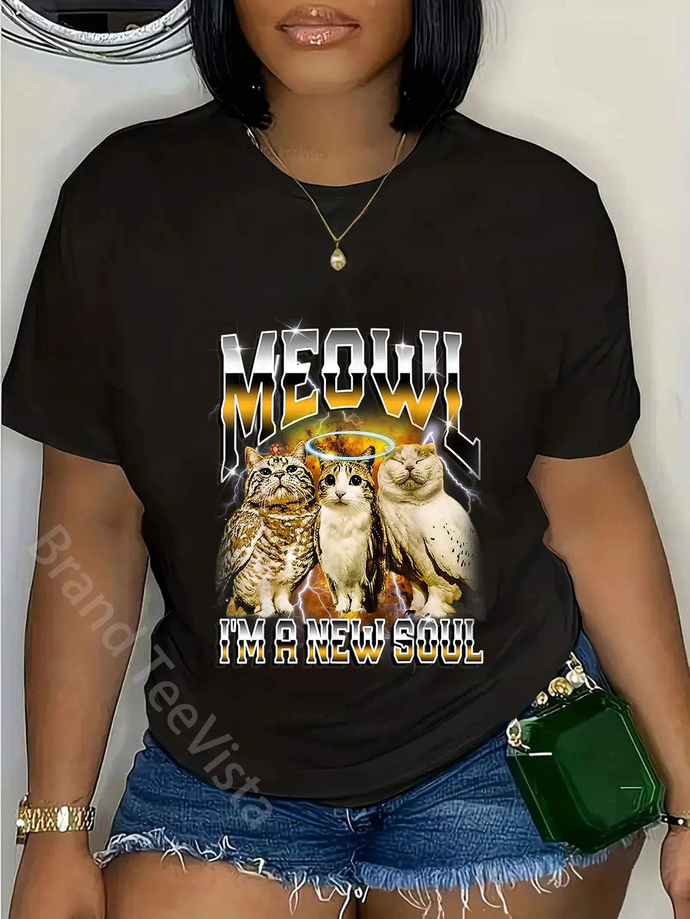 100% Cotton Meowl Cat Owl Funny Cursed Internet Bootleg T-Shirt