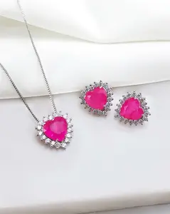 Heart-Shaped Fuchsia Earring and Necklace Set - 18k Gold Plated, Nickel-Free, Durable Design for Everyday Wear