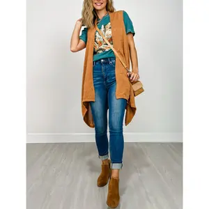 Front Drape Open Front Sleeveless Knit Vest in TOFFEE