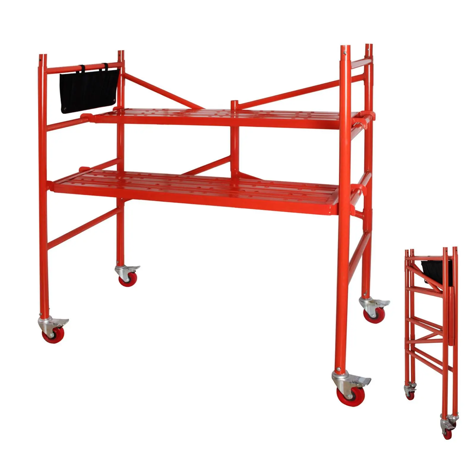 【Top Rated】LEADALLWAY Mobile Baker Scaffolding - 4ft High, 2-Platform Work, Rectangular, Adjustable Height, Mini Portable, Locking Wheels, 4in Dual Locks, Tool Bag, Red Collapsible Stair Climbing Wagon Trolley (770 LBS Capacity)