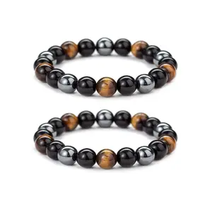 Black Obsidian Tiger Eye Bracelets 2 Pcs  for Men Women,Hematite Natural Stone Beaded Bracelets Handmade Healing Crystal Chakra Bracelet Good Luck Wealth Protection Bracelet