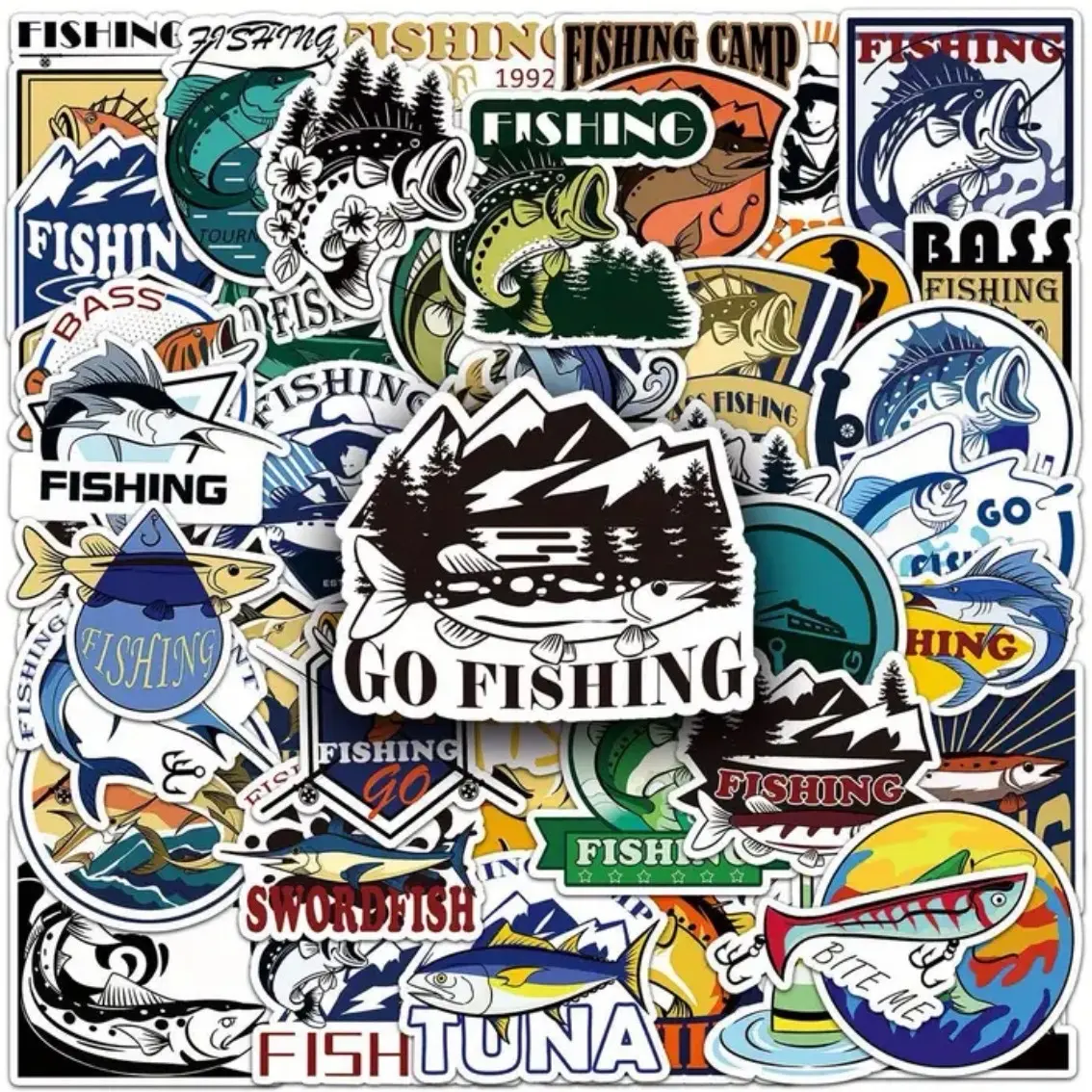 50 Pack of Fishing Themed Stickers and Decals - Waterproof, Removable and Fade Resistant - No Duplicates
