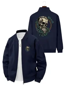 Trendy Personality Viking Skull Printed Long Sleeve Baseball Jacket for Daily Street Casual Fashion Wear