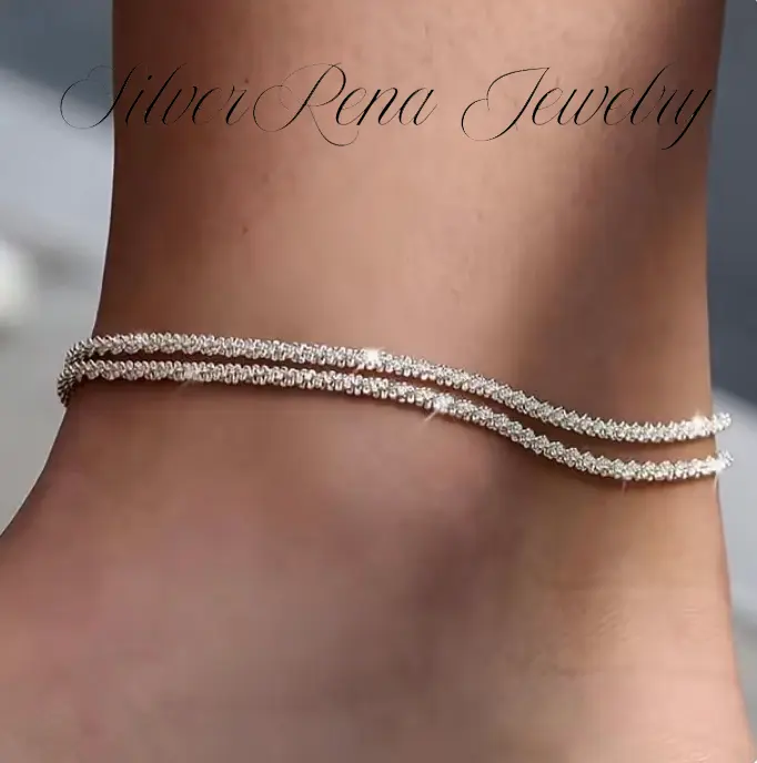 Women's S925 Sterling Silver Adjustable Double-Layer Ankle Bracelet, Dainty Thin Sparkle Chain Anklet, Summer Beach Fashion Jewelry