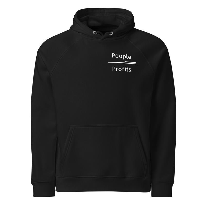 Unisex people over profits eco raglan hoodie (WHITE LOGO)