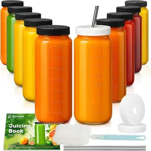 16oz 10 Pack Juice Bottles, Glass Bottles with Lids, Smoothie Cups with Lids and Straws, Mason Jar Water Bottle Drinking Glasses for Juicing, Smoothies, Kombucha