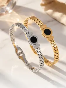 18K gold and silver plated Roman numeral watch strap bracelet, 2-piece set titanium steel black enamel LOVE pendant chain bracelet, hypoallergenic waterproof retro-style modern jewelry, elegant versatile stackable daily accessory #PerfectGiftForHer