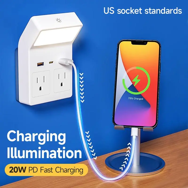 Multi-Functional Wall Outlet with Night Light - Flat Plug Universal Socket, 100-240V Protection, 4 AC Sockets, 2 USB Slots, 1 PD Fast Charging Type-C Port, Dual-Port Multi-Device Charger for Home & Office Use
