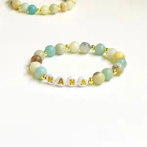Personalized Beaded Name Bracelet - Customized Amazonite Gemstone & Gold Plated Beads - Adjustable Length - Gift for Grandma, Mom, Aunt