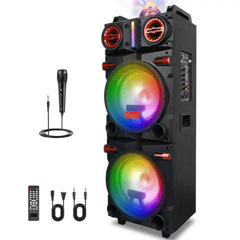 Portable Bluetooth Hi-Fi Karaoke Speaker Rechargeable PA System with Dual 10" Subwoofer, Colorful Party Lights, Telescopic Pull Rod Handle, Remote, Mic, Cable, Smartphone/Android Devices, Memory Card Support, MP3 Playback, Guitar, Audio, Usb