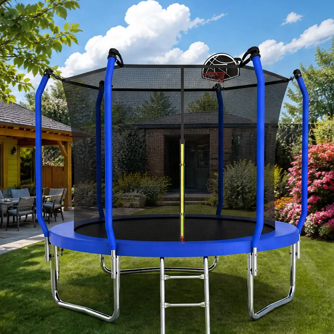 10ft Outdoor Trampoline Set with Reinforced Galvanized Steel Frame, Safety Enclosure Net, Basketball Hoop, and Ladder, ASTM Approved, Reinforced Frame, Sports Trampoline, W-Shape Legs, Enclosed Net, Foam-Padded Poles, Heavy-Duty Ladder, Uv-Proof Enclosure