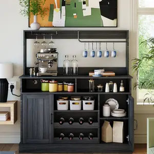 Farmhouse Coffee Bar Cabinet with Power Outlets – Buffet Sideboard, Wine Rack, Goblet Holder, Adjustable Shelves, Modern Hutch for Kitchen, Dining Room, Living Room, Black/Grey