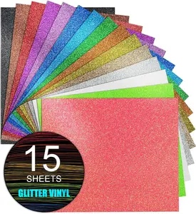 Glitter Heat Transfer Vinyl HTV 12"x10" Bundle 15 Sheets, Glitter Iron on Vinyl for Cricut & Silhouette Cameo - HTV Easy to Cut & Weed for T Shirts, Caps & Other Craft Design(Assorted)