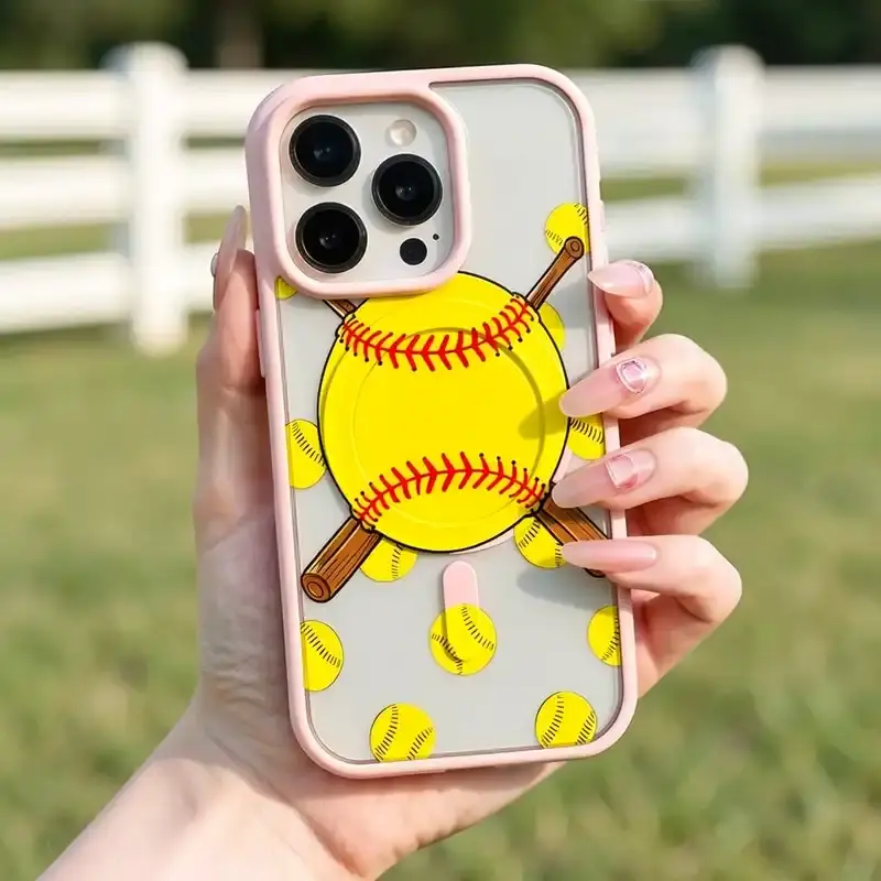 Women's Magnetic Phone Case Supports Wireless Charging for iPhone 17 16 Pro Max Plus 15 14 13 12 11 Air E Softball Symphony Pattern Non-Yellowing Shockproof Soft Silicone Transparent Acrylic Cover
