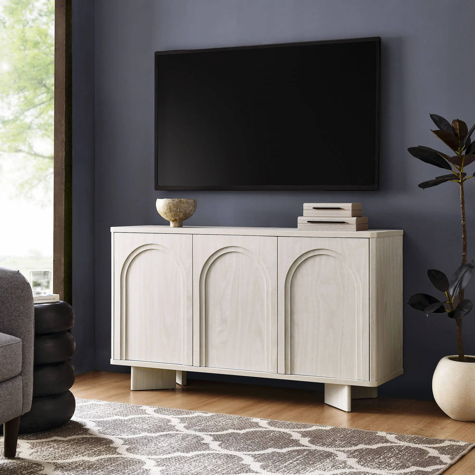 Flux Arched 3-Door White Wash Wooden Sideboard - Accent Cabinet, Modern Furniture, Multi-Functional Storage Organization Divided Organizer for Living Room & Dining Room Display Storage, Tv Cabinet, Living Room Furniture