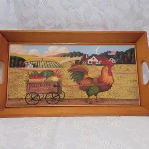 Vintage FarmHouse Wooden Tray Rooster Country Style Pull Cart  Rectangle Serving Tray Home Decor Country Farmhouse  Rustic Accent