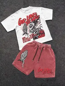Men's Summer 2-Piece Set, Letter Skull Graphic Print Round Neck Casual Short Sleeve T-Shirt + Skull Hand Print Drawstring Cotton Shorts, Outdoor Fashion, Menswear