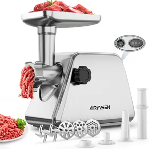 Meat Grinder, Electric 3 in 1 Meat Mincer with 2 Blades & 3 Plates, Sausage & Kubbe Maker Kit, Fixed Lock, Double Switch, Stainless Steel Food Grinder for Home Kitchen Use Multifunctional Efficient