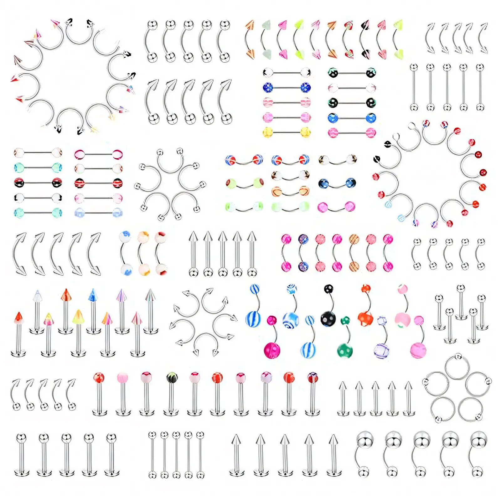 185 Pieces Colorful Acrylic & Metal Body Piercing Jewelry Set, Floating Navel Piercing Studs, Multi-Style Nose Rings, Tongue Bars & Eyebrow Studs, Unisex Piercing Ornaments, Colors Shipped Randomly