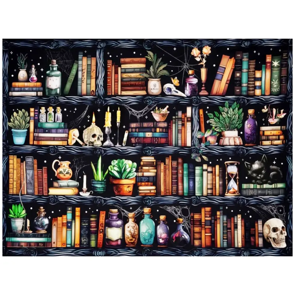 Magic Bookshelf Potion Bottle Skull Black Cat Spider Web, Halloween Art Painting Diamond Painting 5D DIY Diamond Painting Kit Full Drill Square Round Diamonds Embroidery, Cross Stitch Art Craft Home Wall Decor Art Gift Painting Set