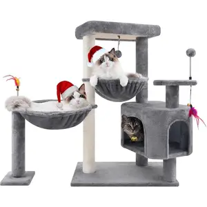33.46" Cat Tree Tower with Cat Condo and Scratching Post for Indoor Cats, Activity Center Cat Furniture with Two Big Hammock and Spring Toy Balls, Grey
