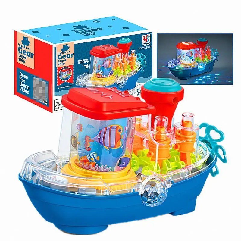 Kids Toddler Land & Sea Sensory Boat Toy for Ages 2+, Electric Transparent STEM Gear Boat with LED Lights Music, Rotating Scroll Screen Roaring Moving Wheels, Indoor Outdoor Educational Sensory Play Gift for Boys Girls Birthday Christmas Party