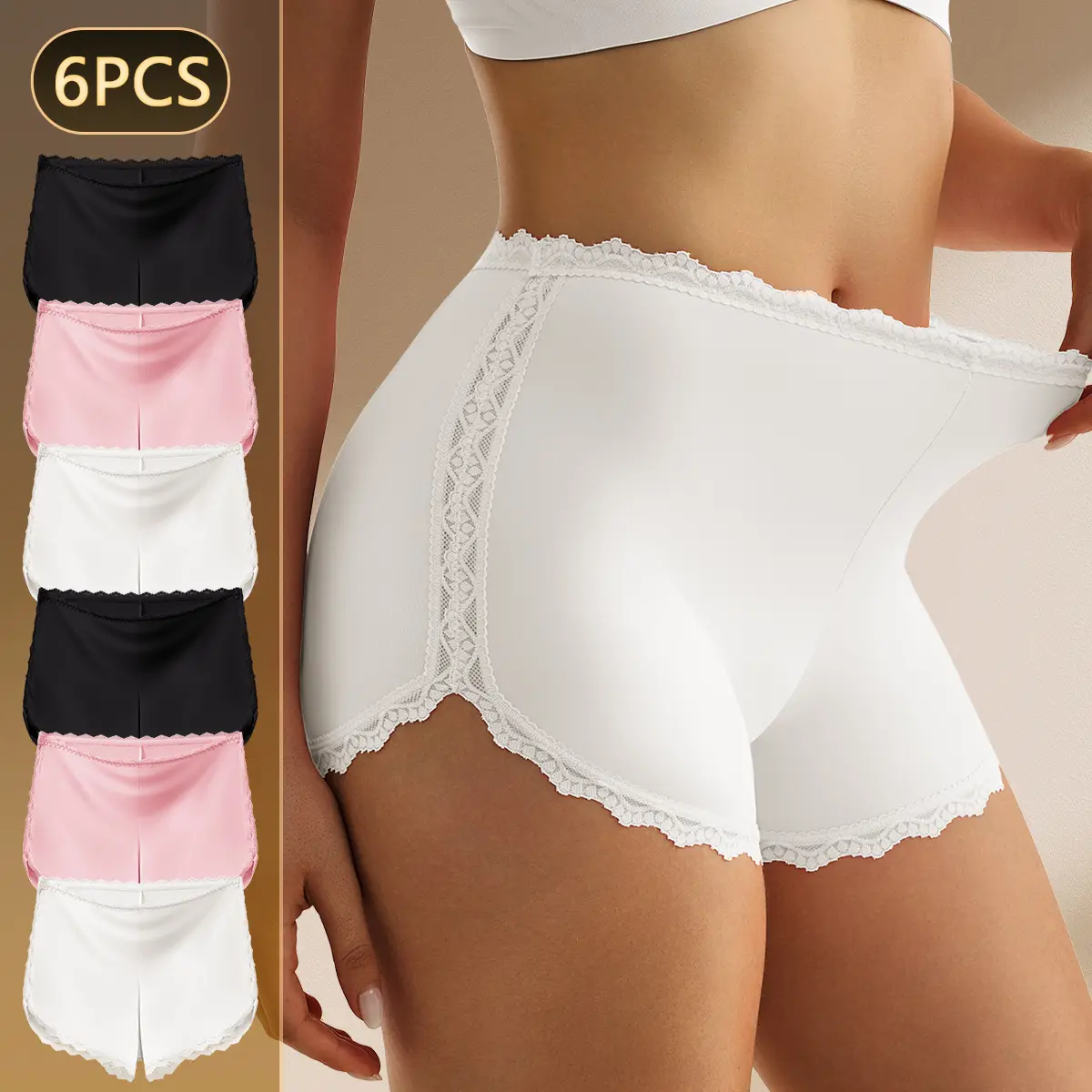 QUASTI Women’s 6-Pcs High-Waist Seamless Lace Boxer Briefs Panty - 6Pcs(Black*2+ White*2+ Pink*2)), Plain Soft Milk Silk Fabric, Tummy Control, Hip Lifting, Breathable, Skin-Friendly, No-Show Safety Knicker for Versatile Outfits (S-XXL)