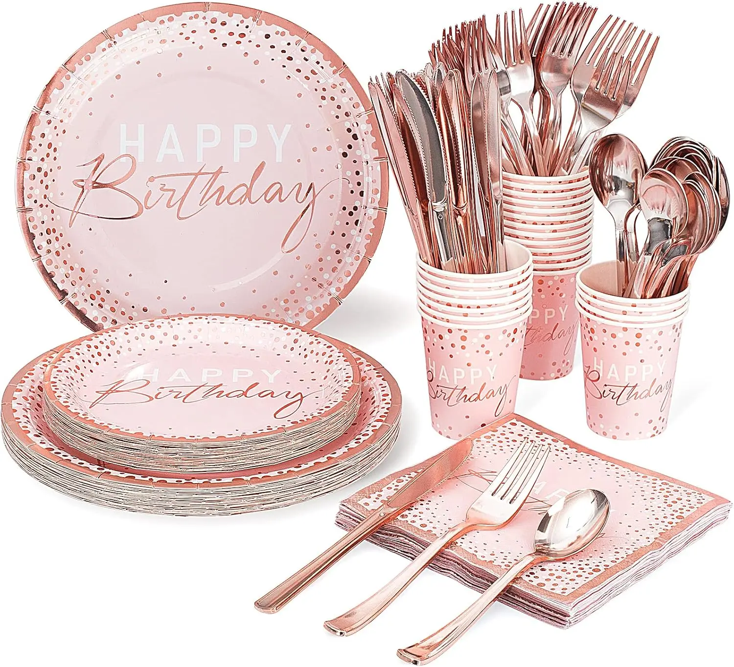 175PCS Pink and Rose Gold Birthday Paper Plates Dinnerware Set, Serve 25| Disposable Happy Birthday Plates, Plastic Forks Knives Spoons for Girl Women Birthday Party Supplies, Thick Food-grade Paper