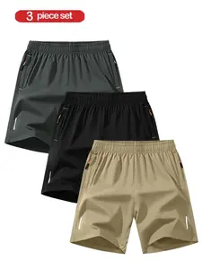 Men's Solid Color Zipper Pocket Shorts, Summer Casual Comfortable Breathable Seven-Inch Pants, Tropical Style, 3 Pack