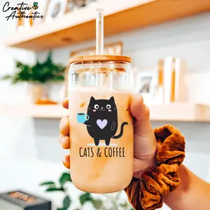 Cats & Coffee 16oz Glass Tumbler, Cute Kitty Cat Holding Coffee Cup, Perfect Gift for Cat Lovers and Coffee Enthusiasts, Glass Coffee Sipper
