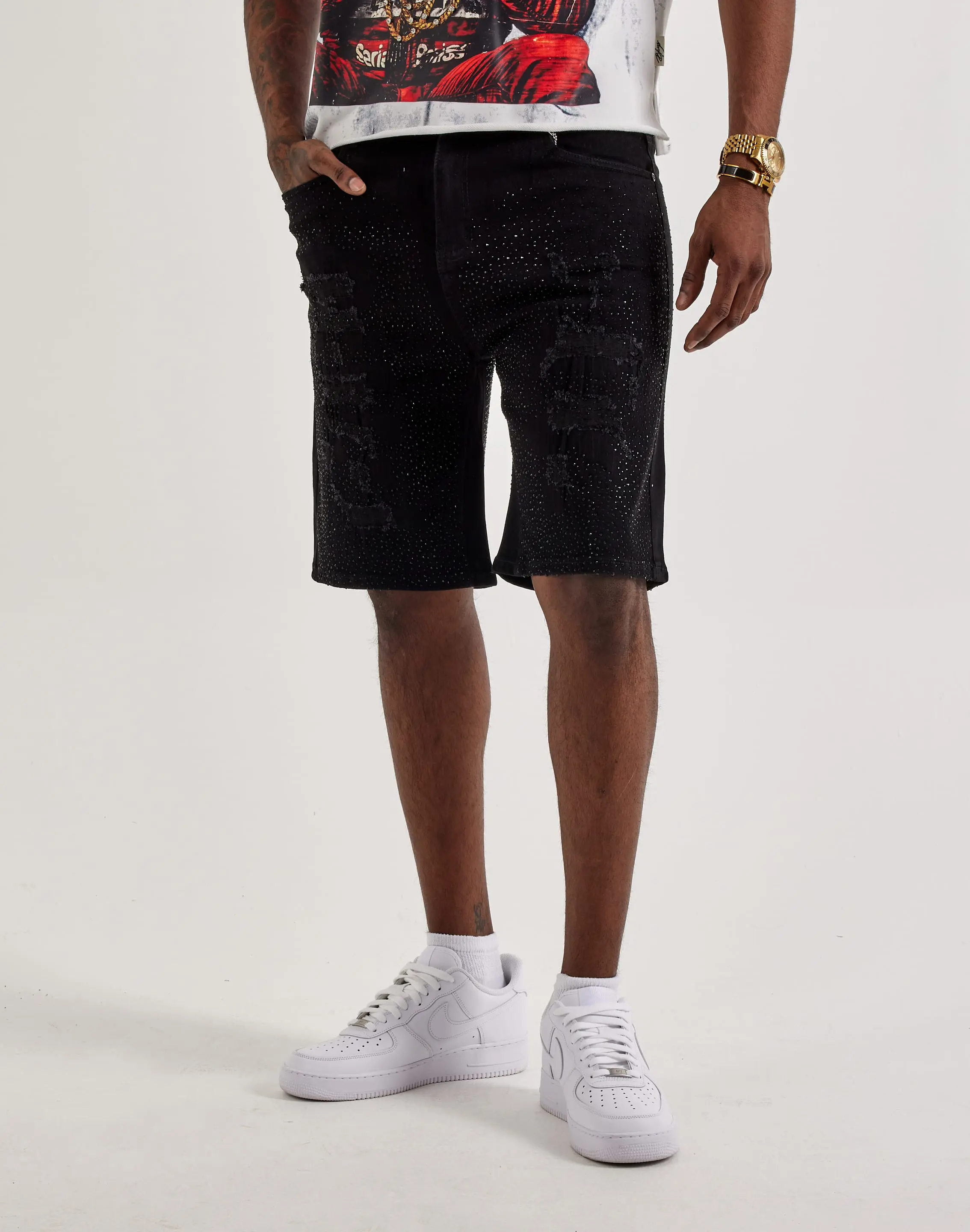 Mens WAIMEA Distressed Rhinestone Denim Shorts