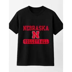 Women's Casual Short Sleeve Round Neck Regular Fit Nebraska Volleyball Knitted Fabric T-Shirt With Slight Stretch