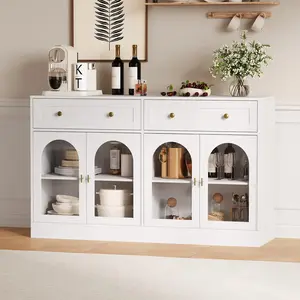 Garvee 55'' Sideboard Buffet Cabinet with 4 Acrylic Doors, Modern Farmhouse Buffet Storage Cabinet with 2 Drawers, Wooden Coffee Bar for Kitchen, Living Room, Dining Room, Entryway, White