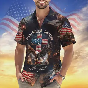 Faith Freedom 250 Years Hawaiian Shirt, 1776-2026 Patriotic Cross Men Shirt, American Eagle Flag Button Down, USA 250th Anniversary Gift