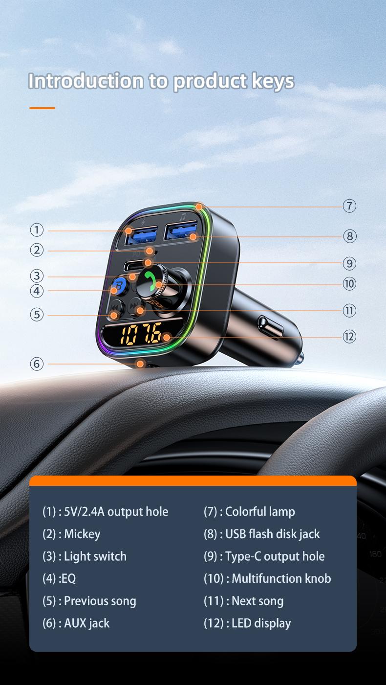 Wireless Bluetooth Car Adapter Bluetooth 5.3 FM Transmitter AUX Radio Receiver MP3 Player Handsfree Call Type-C USB Car charger Wireless Bluetooth Car Adapter Bluetooth 5.3 FM Transmitter AUX Radio Receiver MP3 Player Handsfree Call Type-C USB Car charger