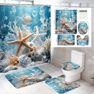 1/4pcsUnderwater Theme Bathroom Curtain Set - Coral Starfish Fish Shower Curtain Sets with Matching Bath Mat Toilet Seat Cover Lid - Marine Inspired Decor for Kids Adults, Great for Summer Home Gift