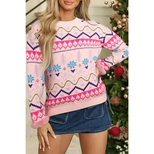 Multicolour Ethnic Christmas Pattern Knit Feather Cuffed Sweater