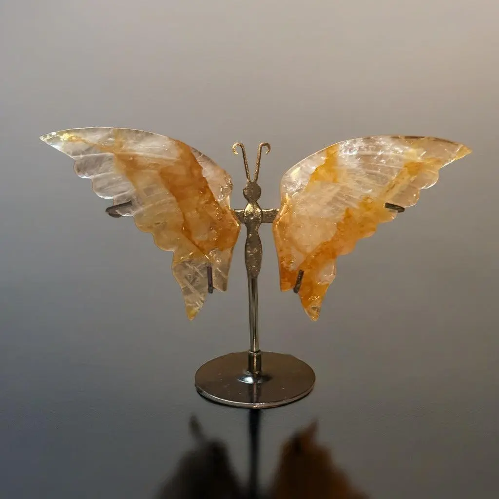 Hand-Carved Citrine Quartz Butterfly Sculpture — Polished Wings (Metal Stand)
