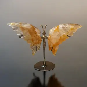 Hand-Carved Citrine Quartz Butterfly Sculpture — Polished Wings (Metal Stand)