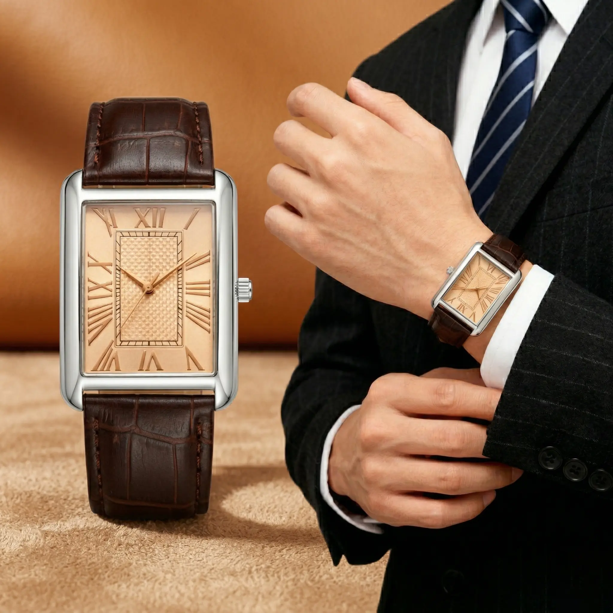 Men's Casual Fashion Watch, Vintage Rectangular Dial with Croco Print PU Leather Strap, Quartz Analog Movement for Business Casual, Quartz Analog Wristwatch, Men's Accessories