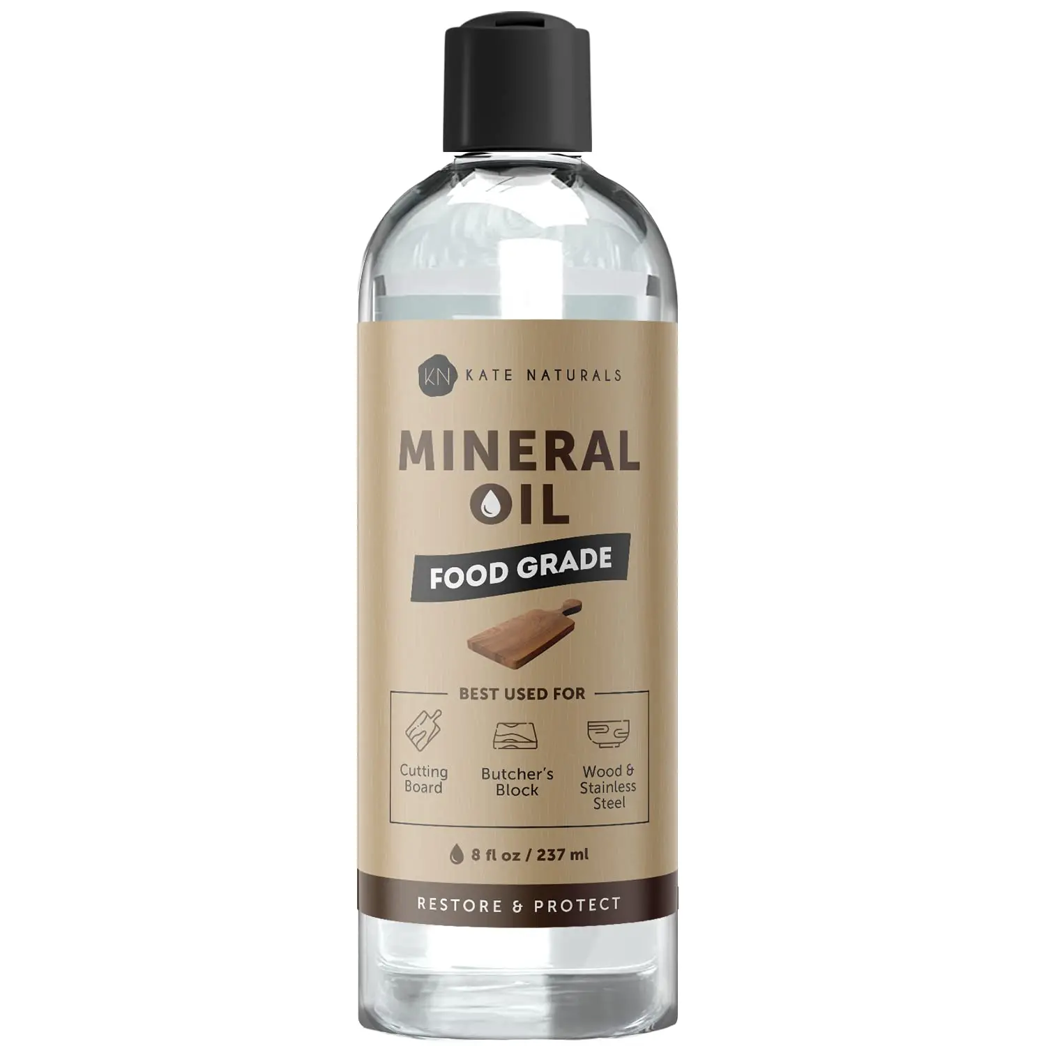 Kate Naturals Mineral Oil for Wood Cutting Board, Butcher Block, and Knife. Substitute for Linseed Oil (8oz, Food Grade, Food Safe)