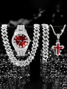 4pcs Men's Fashion Watch & Jewelry Set: Stylish Quartz Timepiece with Calendar, Cross Pendant Necklace & Bracelet - Zinc Alloy Band, Non-Waterproof, Round Dial - Perfect Gift for Him