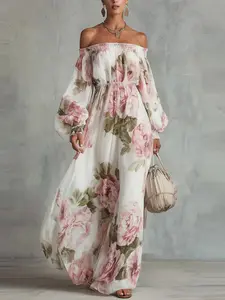 2026 New Fashion French Print One-Shoulder Lantern Sleeve Elegant Dress, Mesh Patchwork Sexy Long Skirt Party Gown