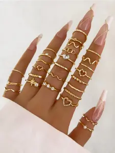 28-Piece Fashion Ring Set - Geometric Style with Bohemian Accents - Boho Style Rings - Perfect for Everyday Wear | Holiday Party Accessories - Gift for Her