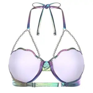 Women Shiny Bikini Bra Top Halter Neck Sheel Mermaid Swimwear Bead Chains Padded Bra Swim Tops Hawaii Beach Party Bathing Suit