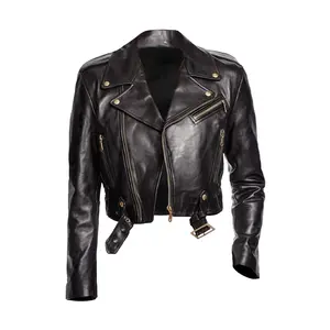 Women's Genuine Leather Biker Jacket - Black Cropped by Hide Crafts