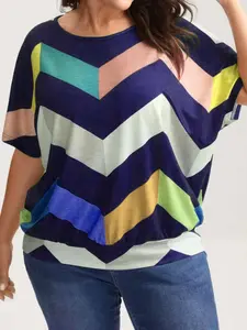 Women's Fashion Plus Size Elegant Striped Print Round Neck, Loose Knit Vacation Casual Top, Comfortable and Stylish Upper Garment Knitwear