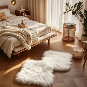 1 Piece Ins Style Pure White Nordic British Double Square Pattern Bedside Rug, Imitation Wool, Soft & Comfortable, Universal for Bedroom Bedside, Living Room, Entryway, Multiple Sizes to Choose