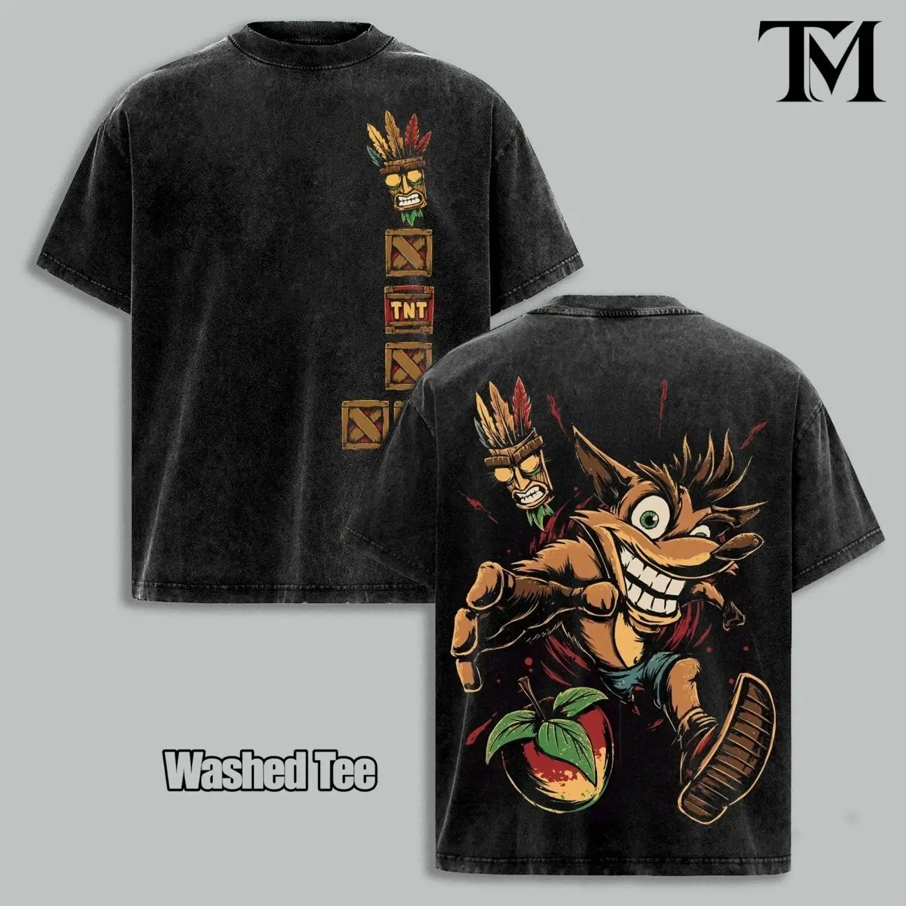 Men's Casual Classic 90s Crash Bandicoot Oversized Heavyweight Cotton Short-Sleeve T-Shirt - Aku Aku Mask Graphic, Retro Platform Game Menswear Tops, Gaming Fan Gift 5RF